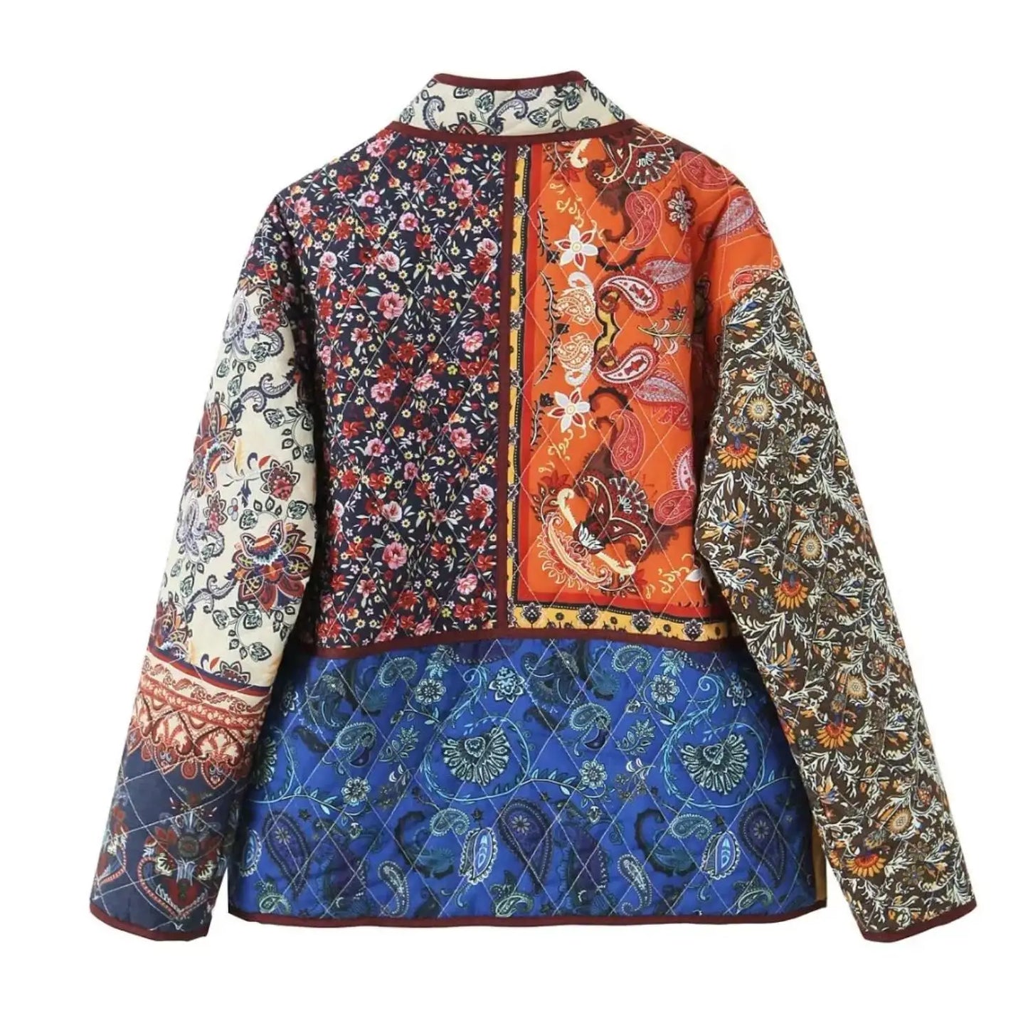 2023 Autumn Winter Contrast Color Flower Print Stand neck Quilted Coat Ethnic Women Quilting Loose Jacket Retro Outerwear