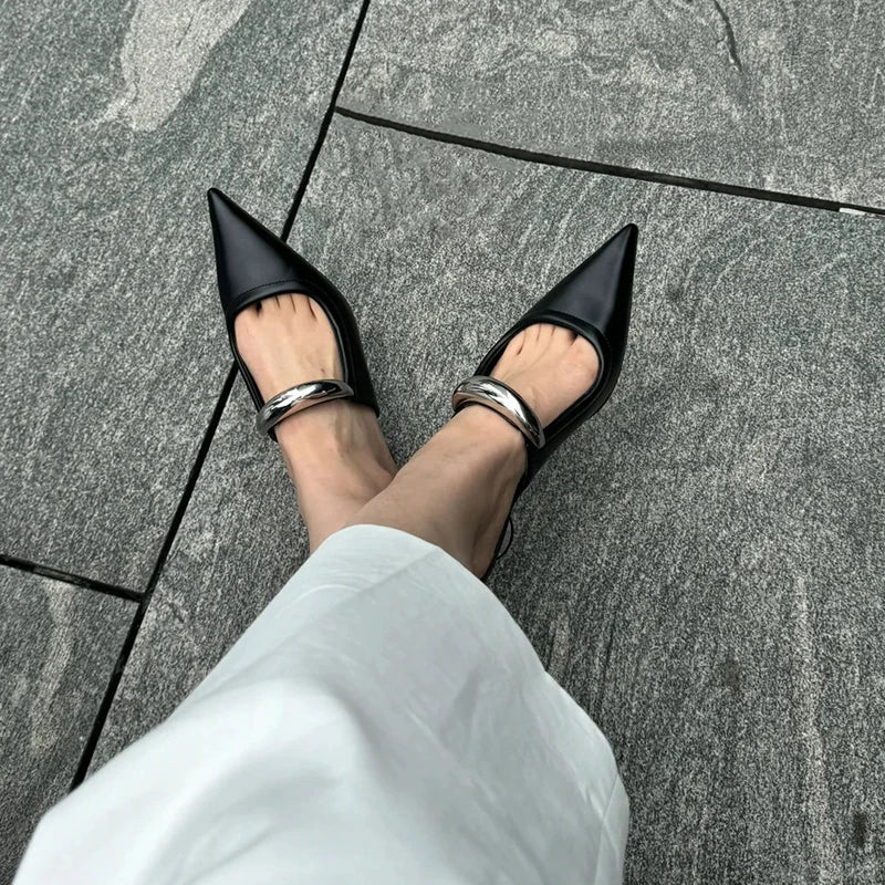 Thick Heel Women Mules Slippers Shoes Fashion Shallow Metal Decoration Slides Spring Autumn Outdoor Party Dress Shoes