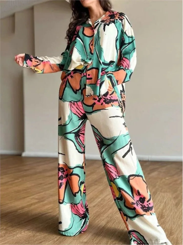 2023 Long Pant Sets Print Shirt Two Piece Set For Women Loose Wide Legs Trousers Suits Fashion Casual Long Sleeve Two Piece Suit