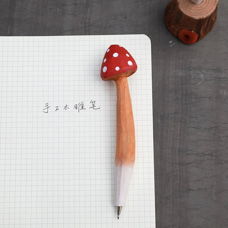 Hand-carved Wooden Mushroom Gel Pen Wood Neutral Pens Cute Writing Tools For Kids Gift School Supplies Stationery 0.5 Black Ink