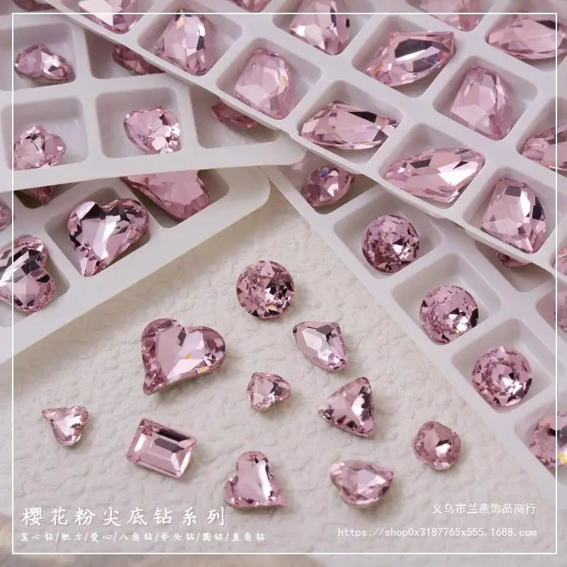 10pcs Pink Mixed Shape Heart Nail Rhinestones Point Bottom Gems Nails Crystal Parts  UV Gel Polish Decoration Nail Accessories