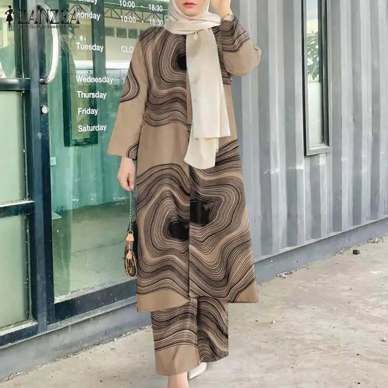 2023 Autumn Tracksuits Fashion Printed Muslim Sets Islamic Outfits ZANZEA Women Long Sleeve Blouse Causal Pants Sets Abaya Suit