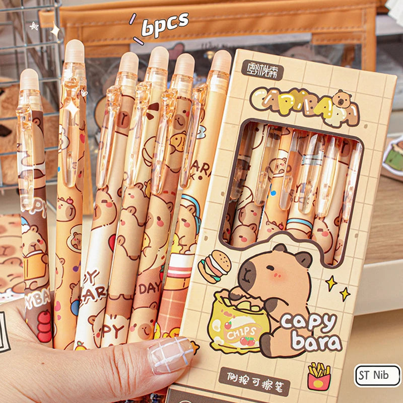 6pcs Cute Capybara Erasable Pen Blue Ink Writing Smooth Quick-Drying Office Accessories Elegant Pens Cute Japanese Stationery