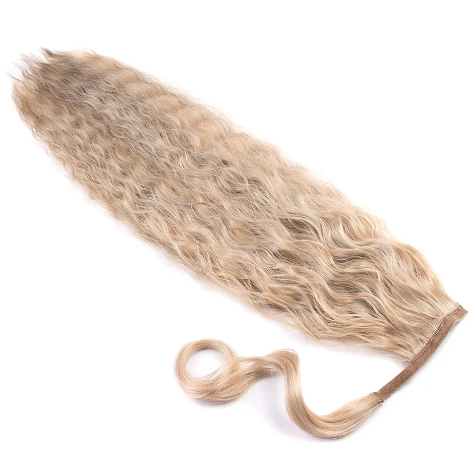 FASHION IDOL Kinky Curly Hair Synthetic Drawstring Ponytail Corn Wave Wrap Around Clip in Fake Hair Extensions Black Pony Tail