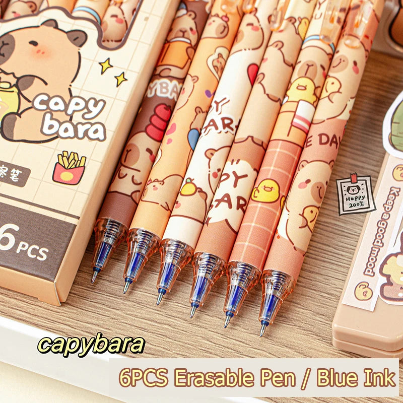 6pcs Cute Capybara Erasable Pen Blue Ink Writing Smooth Quick-Drying Office Accessories Elegant Pens Cute Japanese Stationery