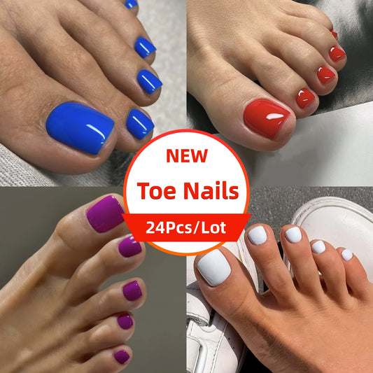 24Pcs/Lot Solid Color Toenails French Minimalist White Toe Nails Fake Full Cover Waterproof Removable Artificial Press on Nails