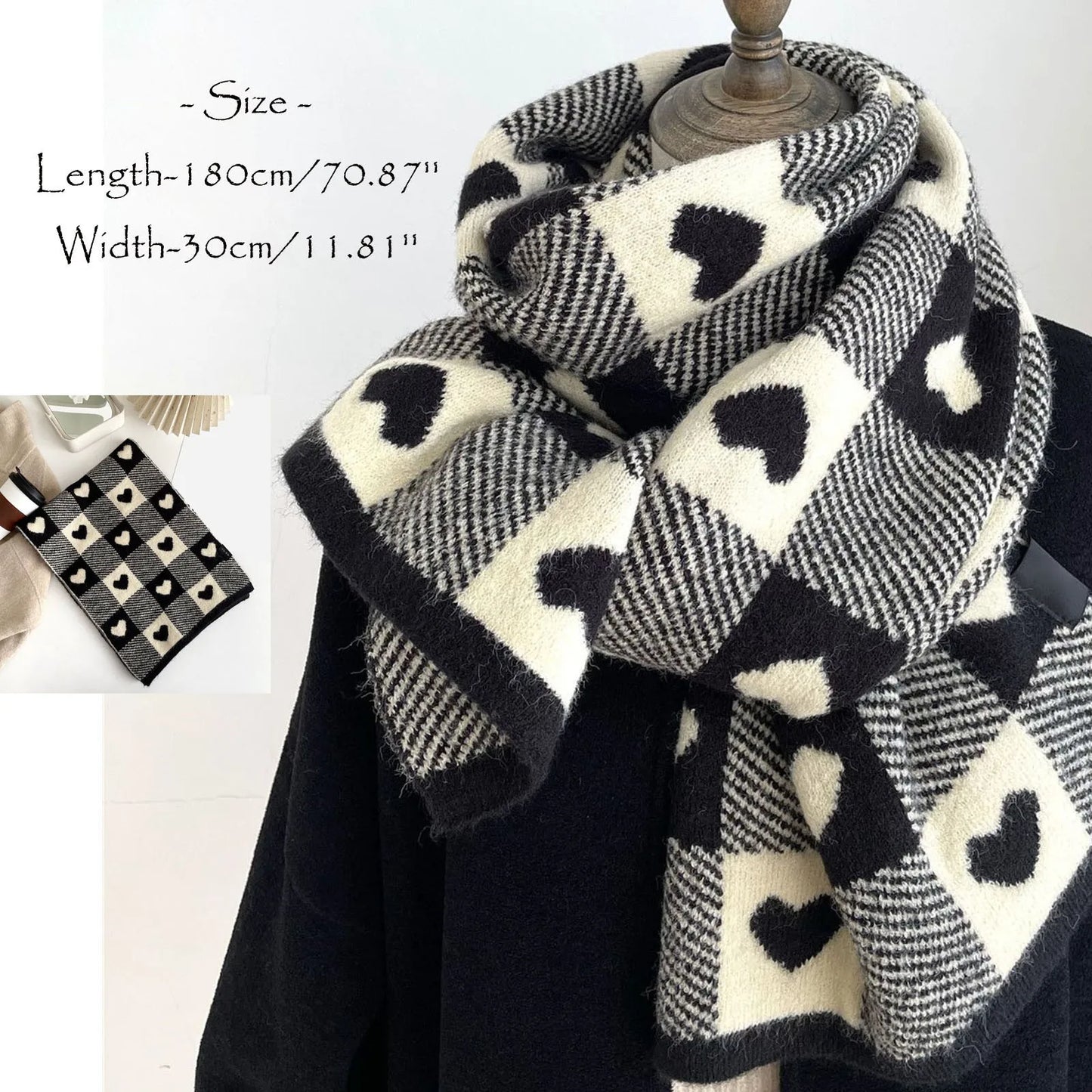 Winter Shawl Retro Plaid Pashmina Knitted Wool Women's Scarf Black and White Heart Pattern Scarves for Female Thicken Cashmere