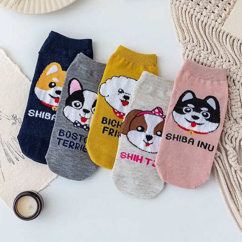 Spring And Autumn Fashion Women's Sotton Socken Funny Cartoon Animal Hello Kitten Dog Cute Girl Happy Funny Socks 5 Pairs