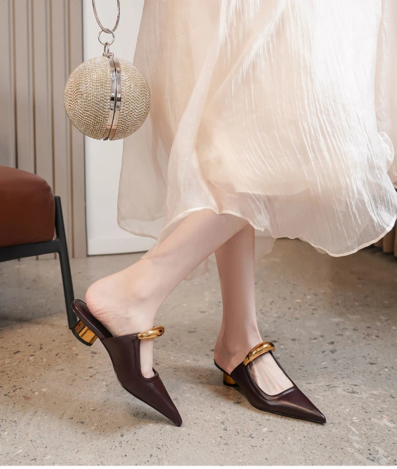 Thick Heel Women Mules Slippers Shoes Fashion Shallow Metal Decoration Slides Spring Autumn Outdoor Party Dress Shoes
