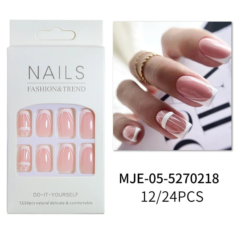 24pcs Fake Nails Square Head French Nail Waterproof Faux Medium Fingernails