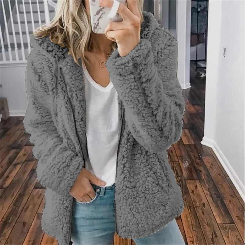 Women Plush Thickened Warm Hoodie Fashion Solid Color Cardigan Hooded Sweatshirt Winter Female Comfortable Casual Outerwear 5XL