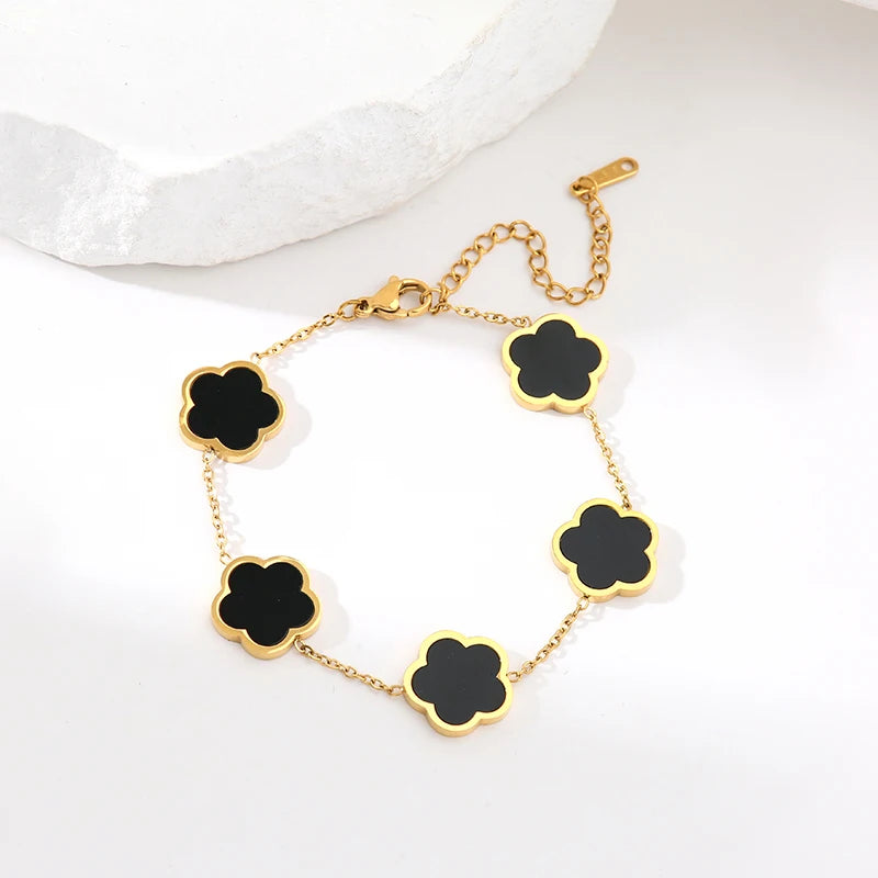 GANEMLY 316L Stainless Steel Black Five Leaf Clover Bracelets For Women New Trendy Waterproof Wrist Chain Jewelry Girls Gift