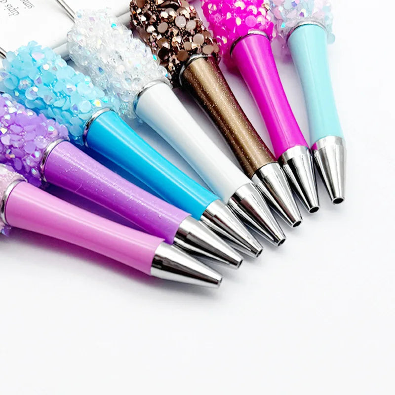 12Pcs Diamond Bead Pen DIY Beadable Ballpoint Pens Student Stationery Pens Writing Pen School Office Supplies