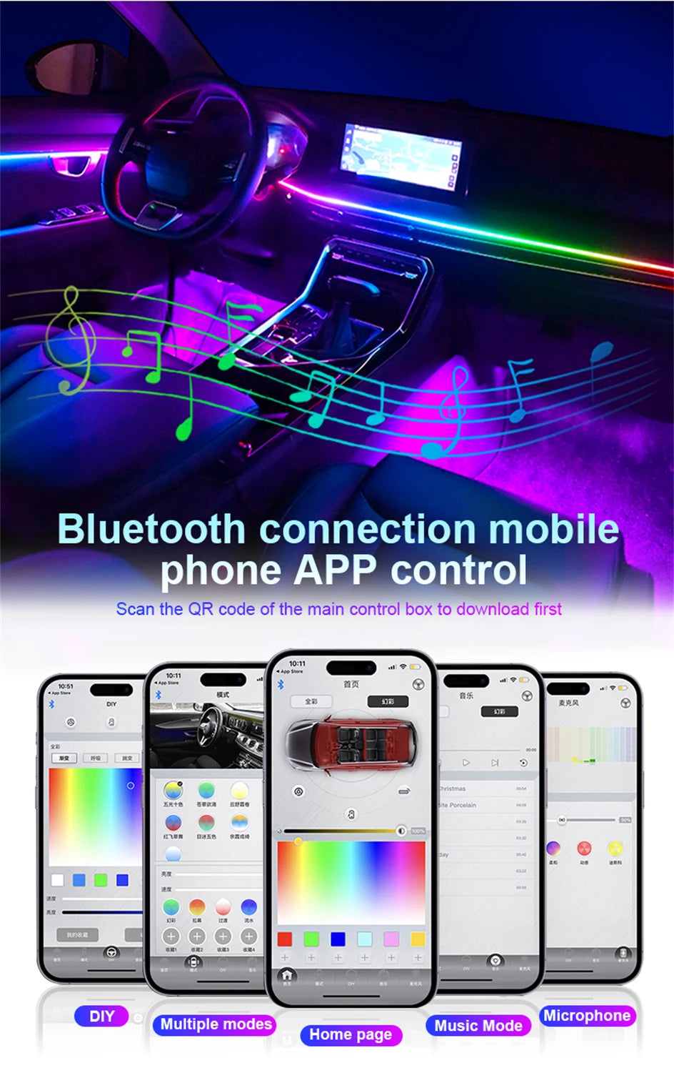 6/10/14/18 In 1 LED Dual Zone Symphony Streamer Car Ambient Light Interior RGB Neon Acrylic Strip Decoration Atmosphere Lamp 12V