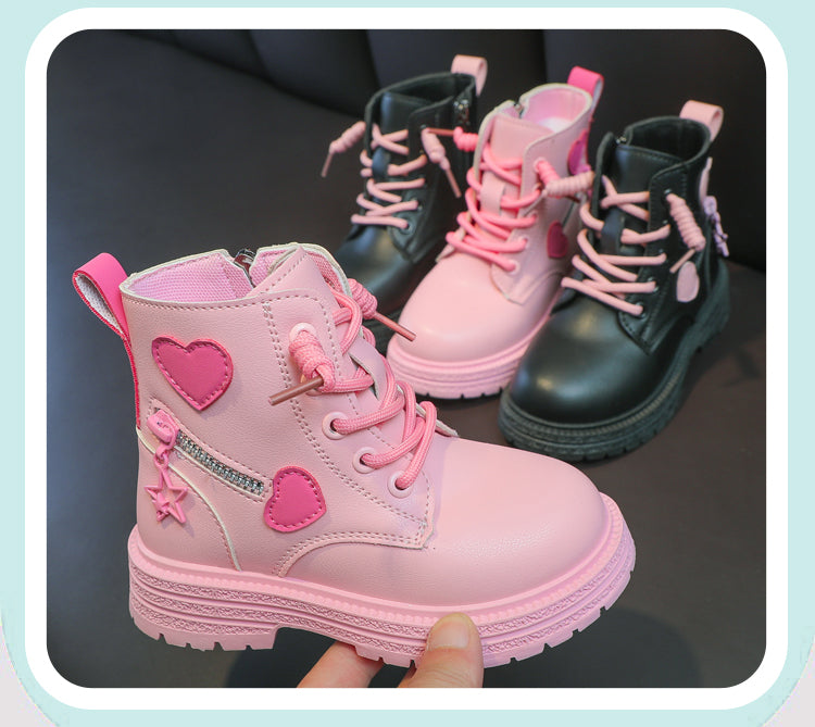 Girls Boots Kids Fashion Rubber Boots Cool Girl Autumn and Winter Cotton Soft Sole Pink with Love Side Zip Princess Round-toe PU