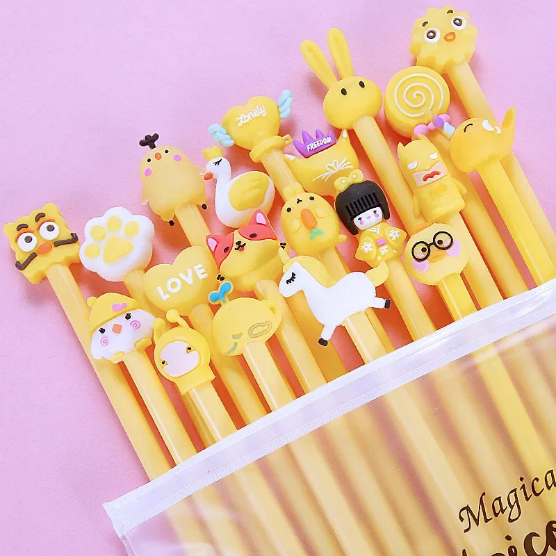 20Pcs/Lot Kawaii Cartoon Gel Pen 0.5mm Black Ink Writing Neutral Pens Cute School Office Stationery Supplies Student Kids Gift