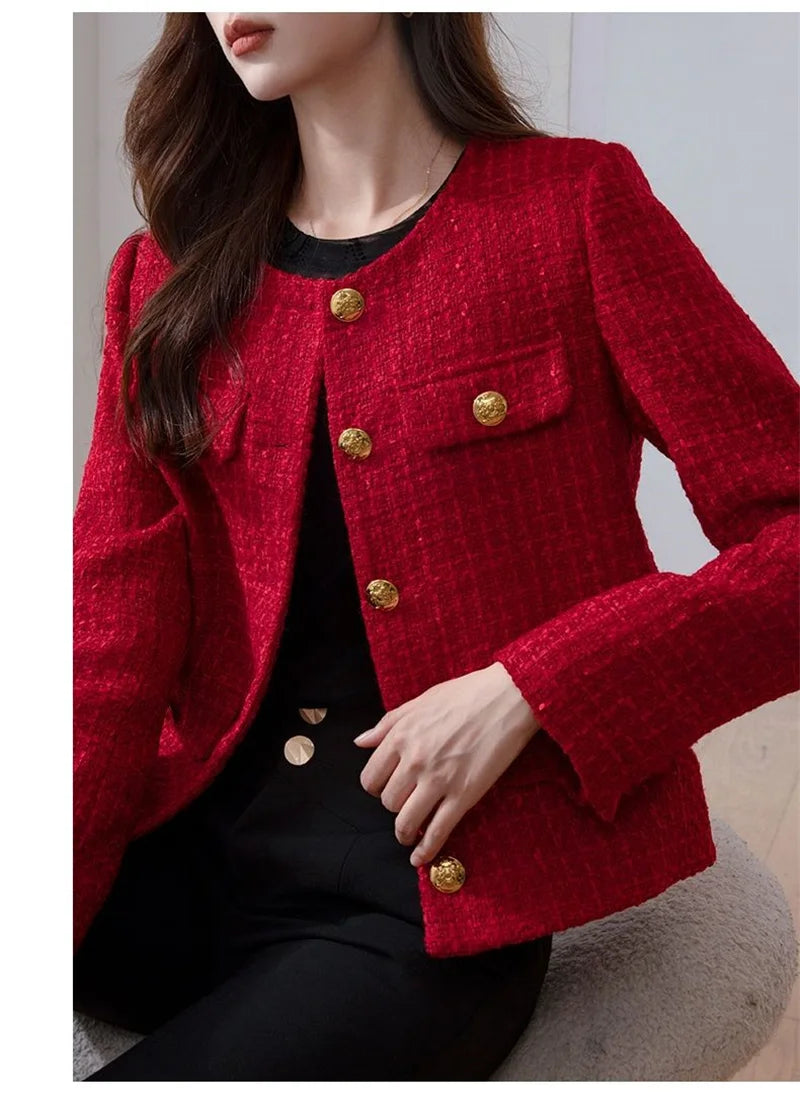 Women's Jacket 2024 Spring Autumn New Red Tweed Small Fragrance Coat Short Blazers Korean Fashion Elegant Female Tops Outerwear