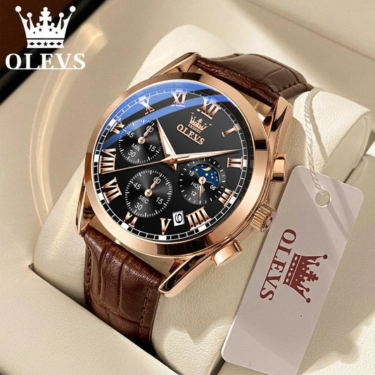 OLEVS Brand Men's Watches Chronograph Waterproof Calendar Quartz Male Watch Sports Leather strap Stainless steel Luxury Original