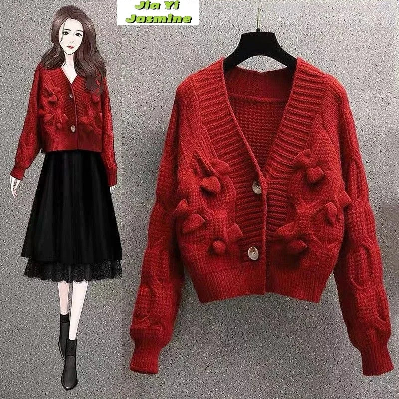 Women's Autumn and Winter Outerwear 2024 New Retro Japanese Style Lazy V-neck Bow Loose Knit Cardigan