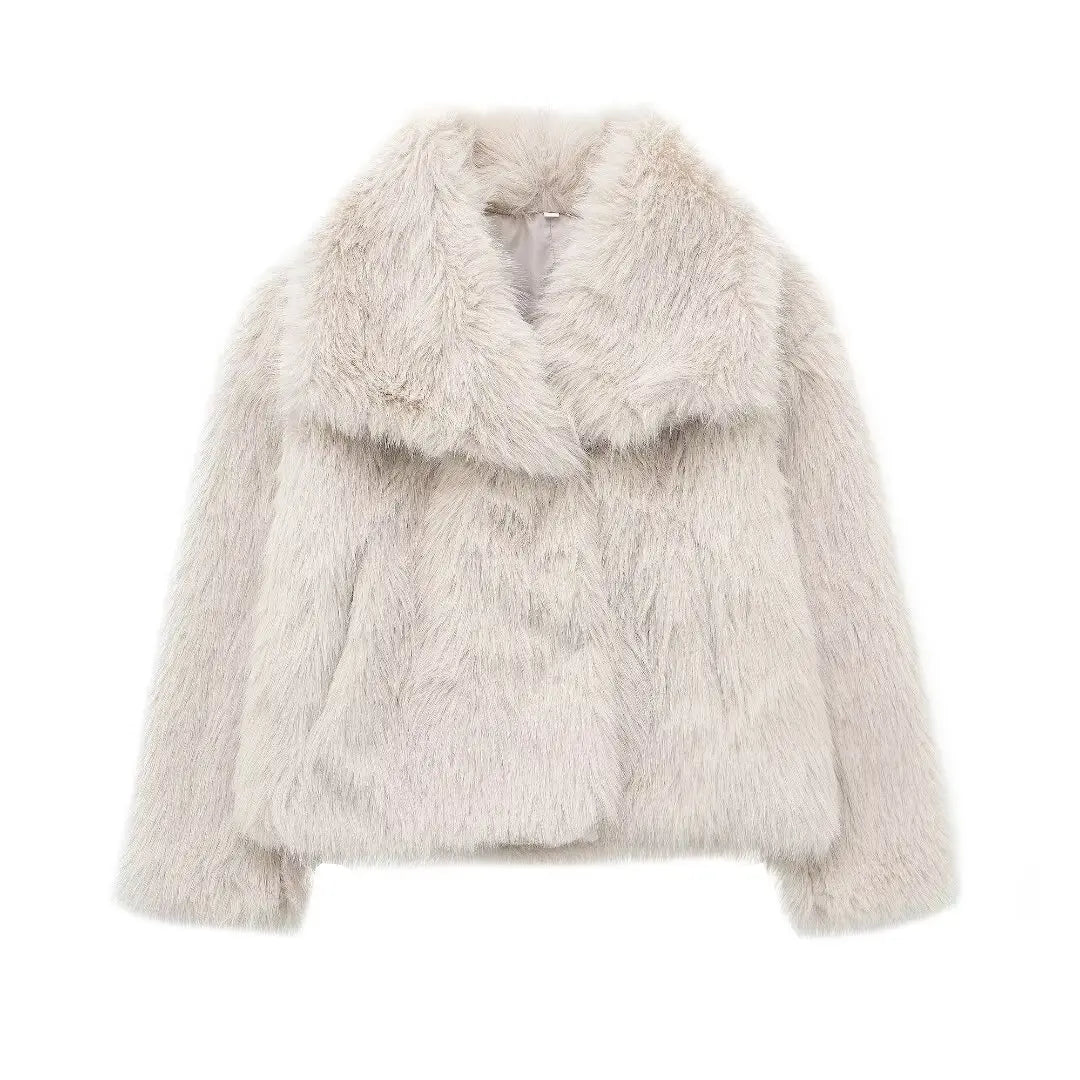 TRAFZA 2024 Female Vintage Coat Artificial Fur Effect Short Jacket Woman Warm Plush Elegant Casual Lapel Collar Thick Outerwear