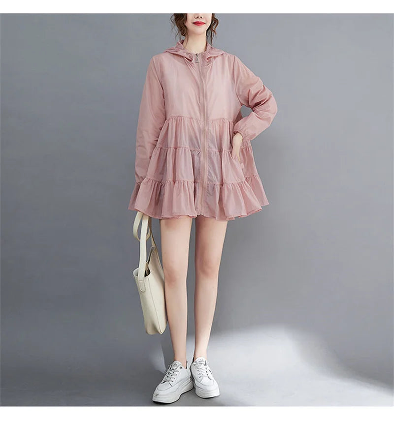 2023 Summer Thin Windbreaker New Sunscreen Clothes Mid-Long Female Breathable Shirt Oversize Jacket With Hooded Female Outerwear