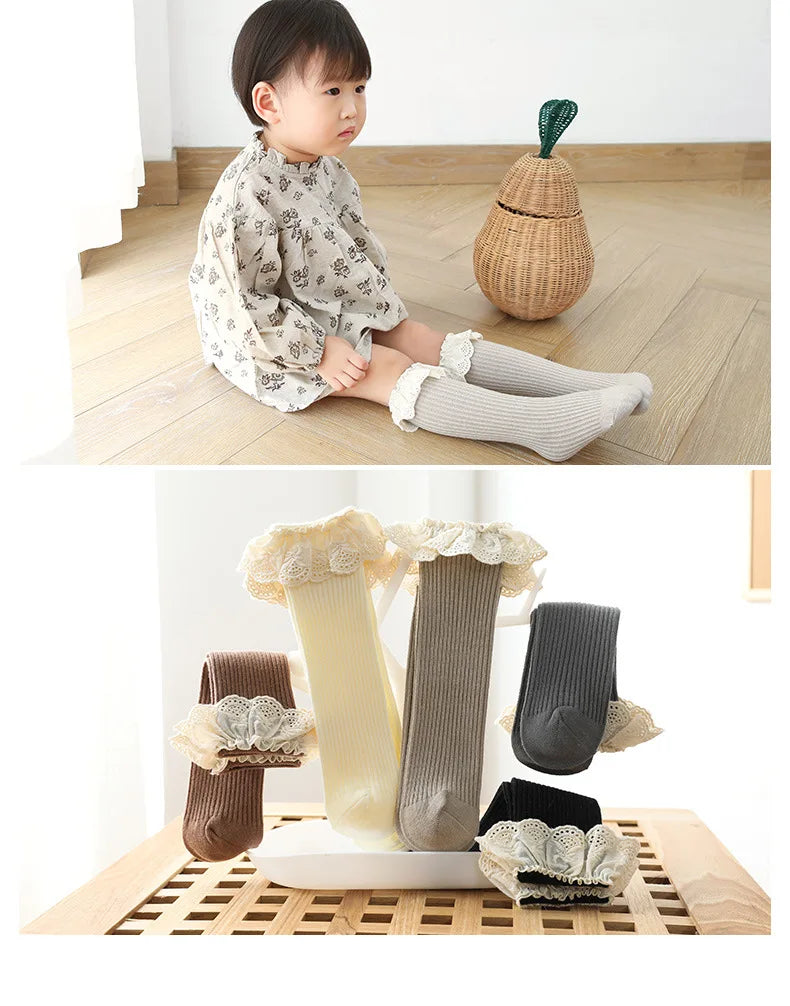 Baby Girls Knee High Socks Long Kids Soft Cotton Lace Stuff Princess Children Sock Ruffle Leg Warmers Cute Girl Socks For 0-8 Y