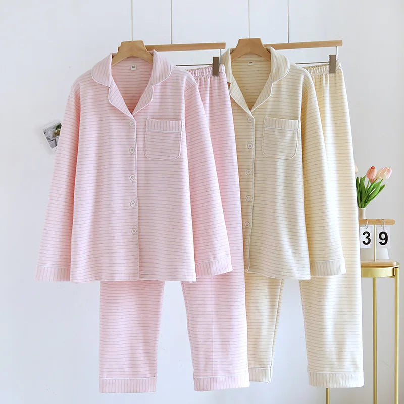 2024 Autumn/Winter New Women's Pajama Set Long Sleeve Long Pants Two Piece Set Striped German Velvet Warm Thick Home Clothes