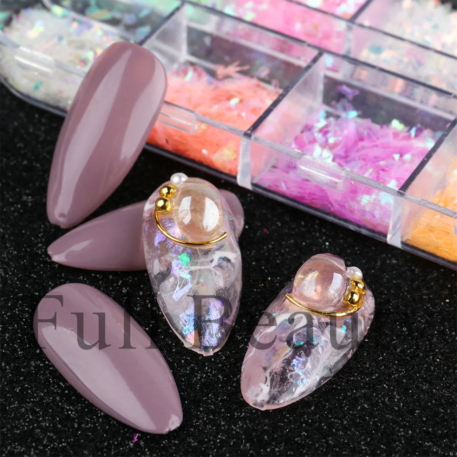 12 Grids Nail Art Glitter Luminous Irregular Flakes Broken Glass Sequins Powder Iridescent UV Gel Polish Nail Decoration NFSP