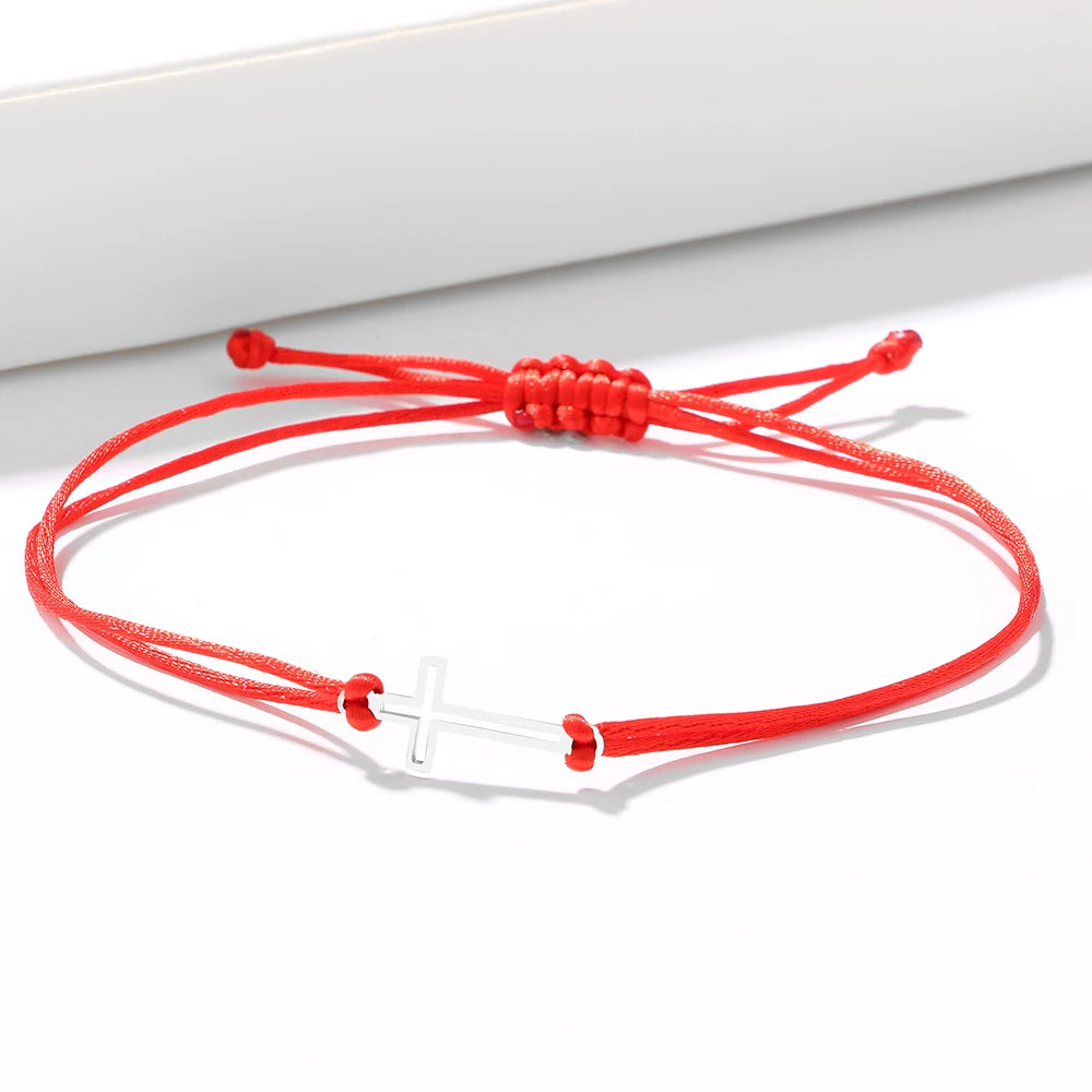 Stainless Steel Bracelets Gothic Hollow Cross Hand Braided Lucky Black Red Rope Fashion Charm Bracelet For Women Jewelry Gifts