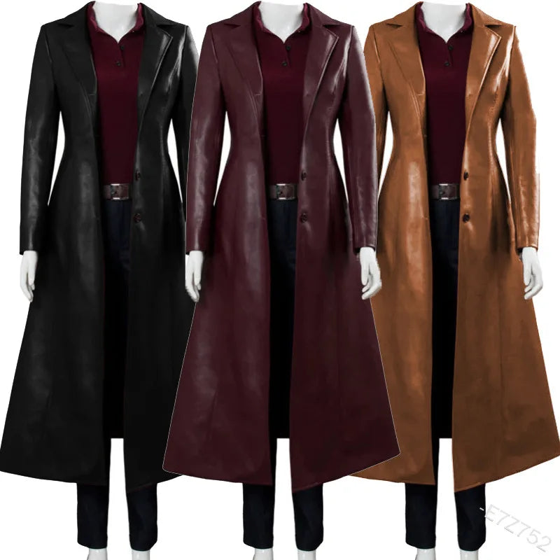 Women Long Leather Jacket Ladies Elegant Washed PU Leather Coats Trench Female Outerwear