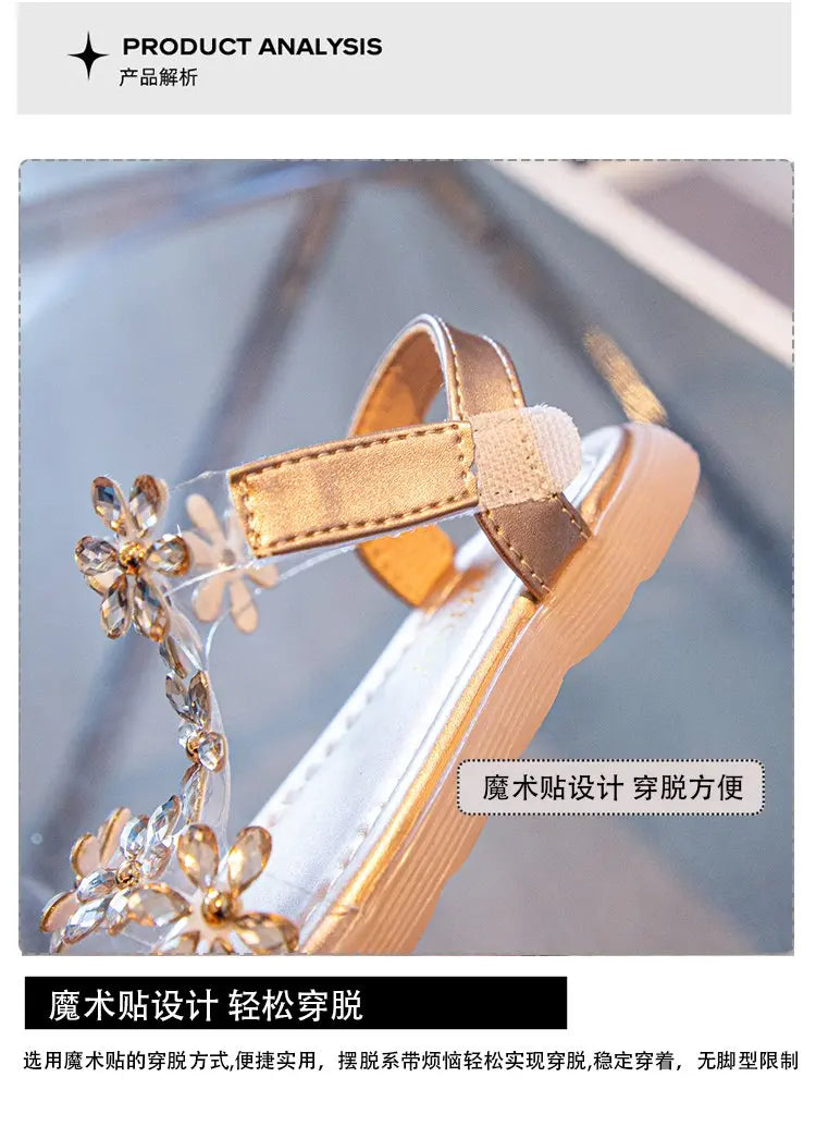 2024 Summer Girls Sandals Flower Crystal Princess Shoes Kids Fashion Rhinestone Beach Shoes Children Anti-slip Ankle Strap Shoes