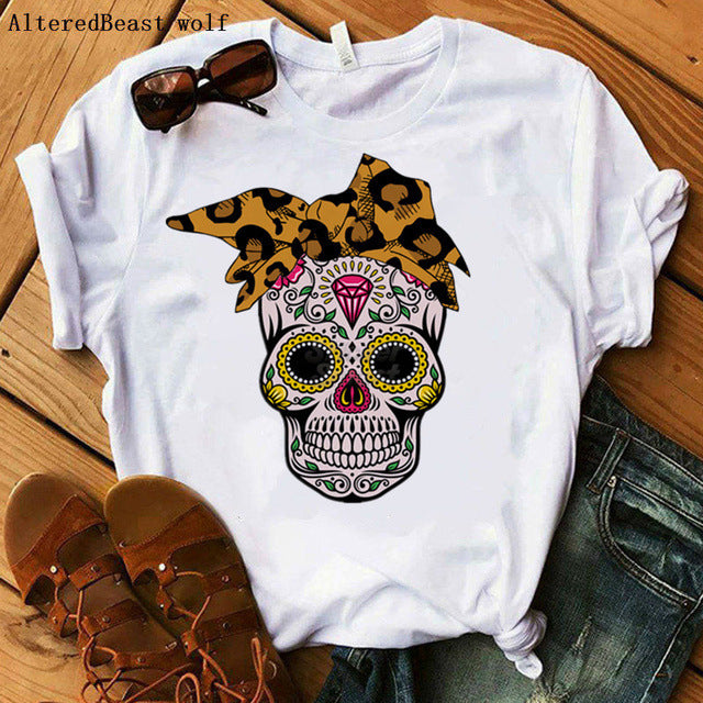 With Scarf Colorful Skull Head Print T Shirt Women Short Sleeve O Neck Loose Tshirt Women Causal Tee Shirt Tops Camisetas Mujer