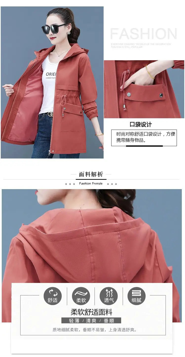 2023 New Spring Autumn Women Jackets Hooded Windbreaker Basic Coat Long Coats Lightweight Outerwear Famale Cardigan Clothing