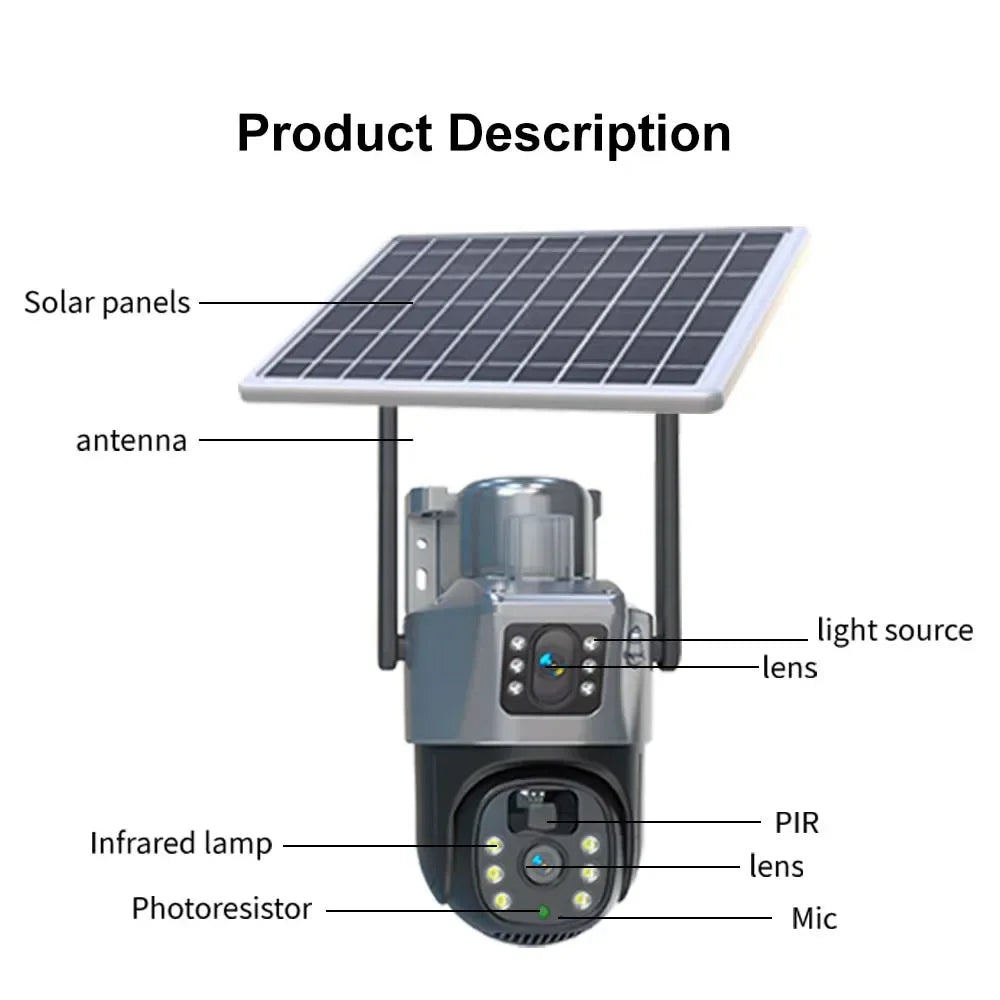 4K 8MP WiFi  Solar Camera Outdoor Battery WiFi IP Cam Dual Lens Dual Screen Security-Protection Wireless Surveillance CCTV