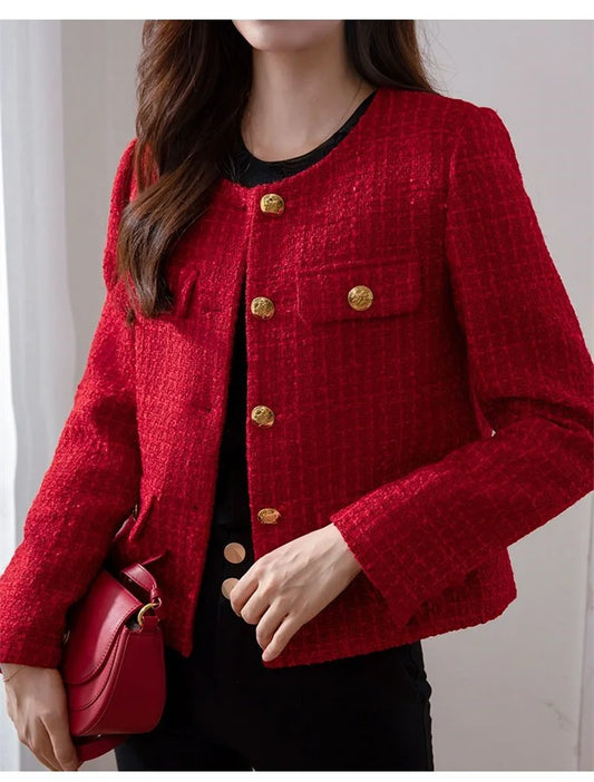 Women's Jacket 2024 Spring Autumn New Red Tweed Small Fragrance Coat Short Blazers Korean Fashion Elegant Female Tops Outerwear