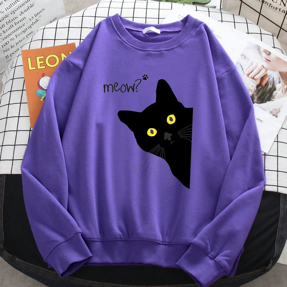 Winter Harajuku Woman Sweatshirt Meow Black Cat Printing Hoodies Comfortable All-Math Pullover Crewneck Loose Female Clothes