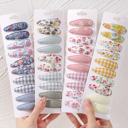 10Pcs/Set Newborn Print Cotton Alloy Hair Bow Snap Clips Fabric Plaid Hairpins Girl Kid Headwear Baby Hair Accessories Wholesale