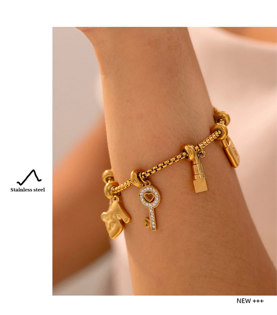 316L Stainless Steel Bracelets With Various Pendants For Women 18K Gold Plated Waterproof No Tarnish Women's Statement Bracelet