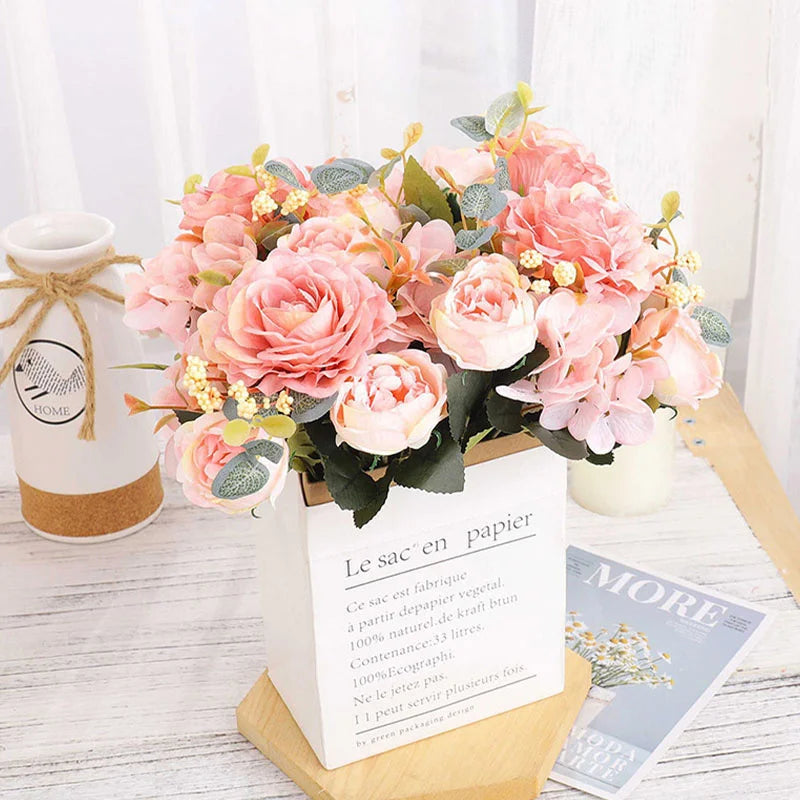 30cm Fake Peony Silk Flowers Bouquet Faux Hydrangea Flower Decor Wedding Party Home Decoration Retro Peonies Artificial Flowers