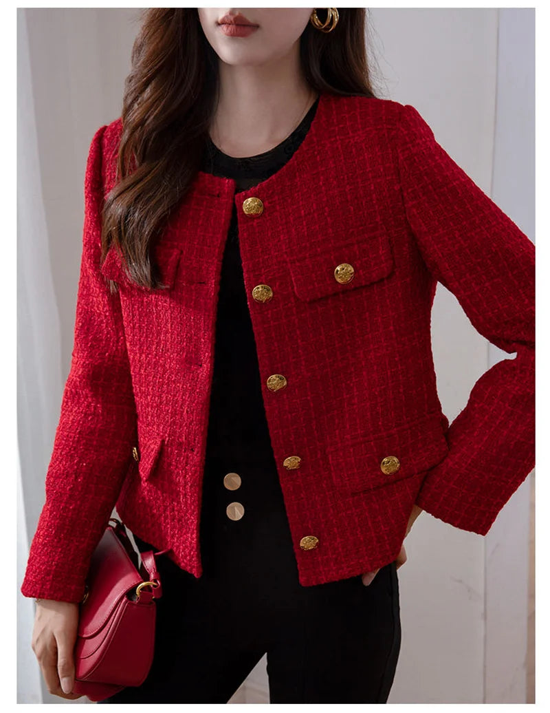 Women's Jacket 2024 Spring Autumn New Red Tweed Small Fragrance Coat Short Blazers Korean Fashion Elegant Female Tops Outerwear