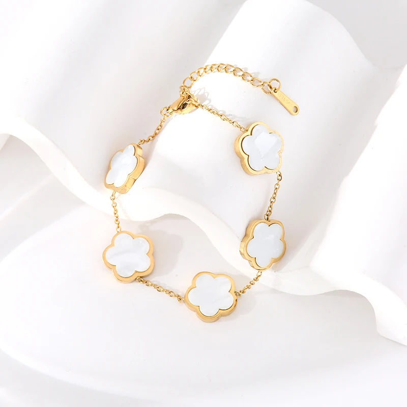 GANEMLY 316L Stainless Steel Black Five Leaf Clover Bracelets For Women New Trendy Waterproof Wrist Chain Jewelry Girls Gift