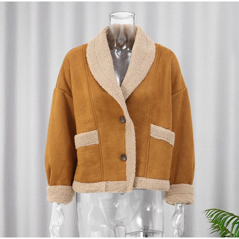 Women Chic Lapel Lamb Wool Patchwork Coat Casual Button With Pocket Thickened Jacket 2024 Autumn Winter New Lady Retro Outerwear