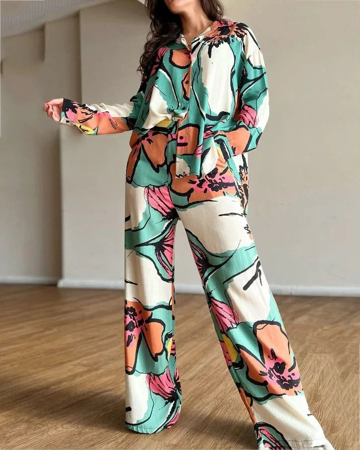 2023 Long Pant Sets Print Shirt Two Piece Set For Women Loose Wide Legs Trousers Suits Fashion Casual Long Sleeve Two Piece Suit