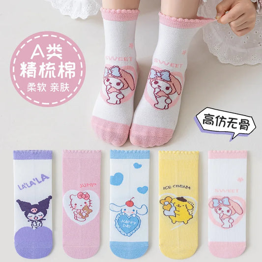 5 Pairs Sanrio Kids Socks Kuromi Kawaii New Fall Winter Cartoon Girl Children Mid-calf Socks Cotton Sock for Girls Gifts