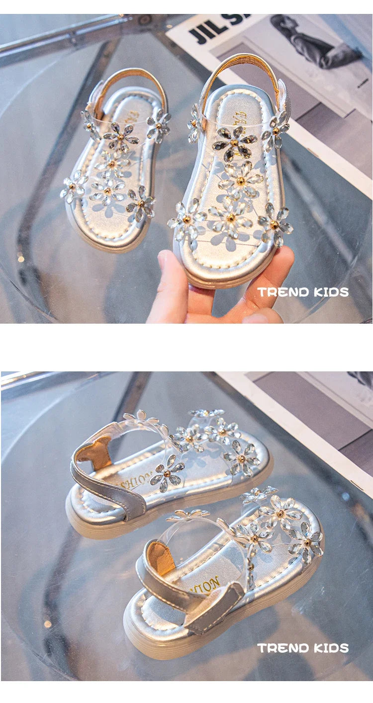 2024 Summer Girls Sandals Flower Crystal Princess Shoes Kids Fashion Rhinestone Beach Shoes Children Anti-slip Ankle Strap Shoes