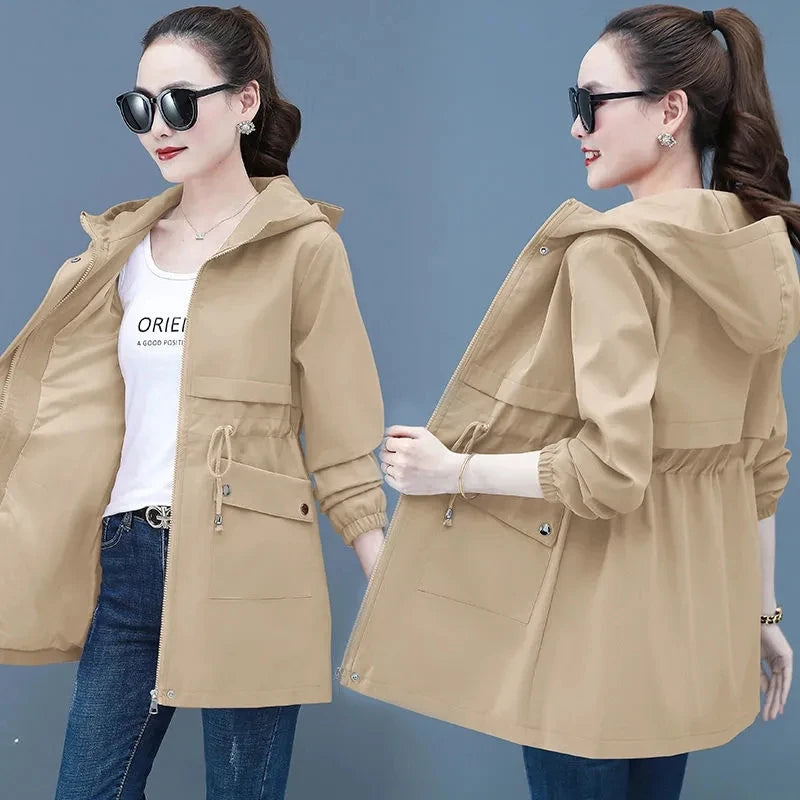 2023 New Spring Autumn Women Jackets Hooded Windbreaker Basic Coat Long Coats Lightweight Outerwear Famale Cardigan Clothing