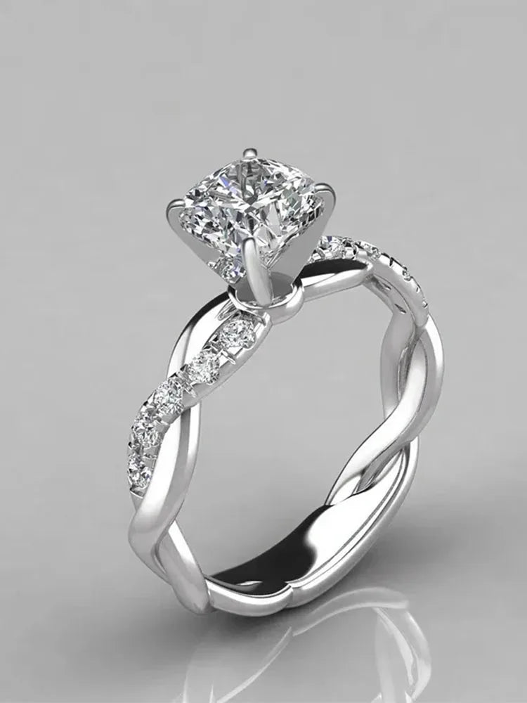 Huitan Elegant Cushion Cubic Zirconia Twist Rings for Women Exquisite Engagement Wedding Rings Anniversary Gift Fashion Jewelry
