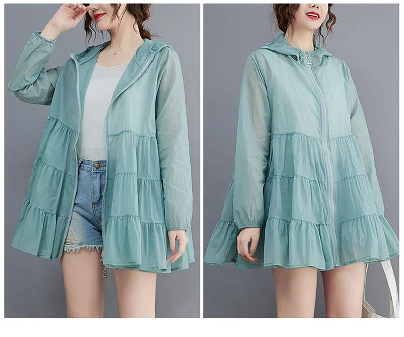 2023 Summer Thin Windbreaker New Sunscreen Clothes Mid-Long Female Breathable Shirt Oversize Jacket With Hooded Female Outerwear