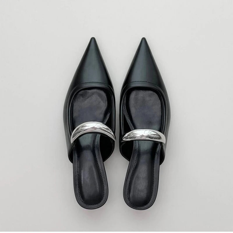 Thick Heel Women Mules Slippers Shoes Fashion Shallow Metal Decoration Slides Spring Autumn Outdoor Party Dress Shoes