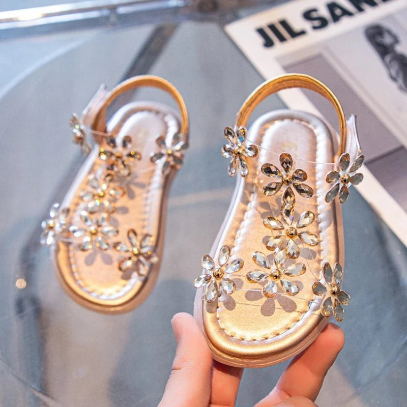 2024 Summer Girls Sandals Flower Crystal Princess Shoes Kids Fashion Rhinestone Beach Shoes Children Anti-slip Ankle Strap Shoes